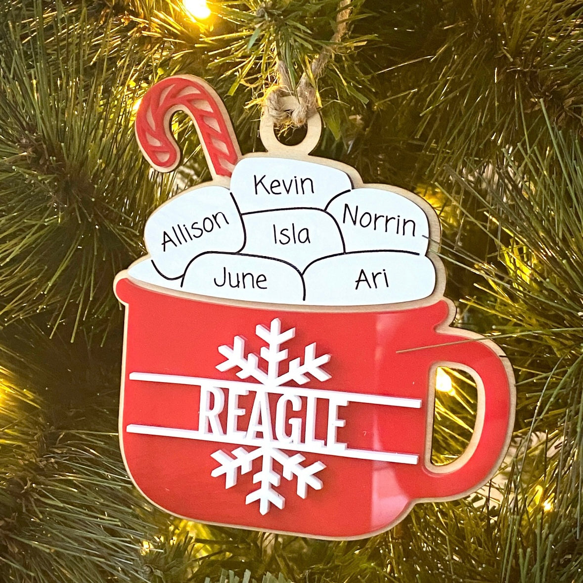 Adorable Custom Hot Cocoa Family Christmas Ornament with Up to 11 Names