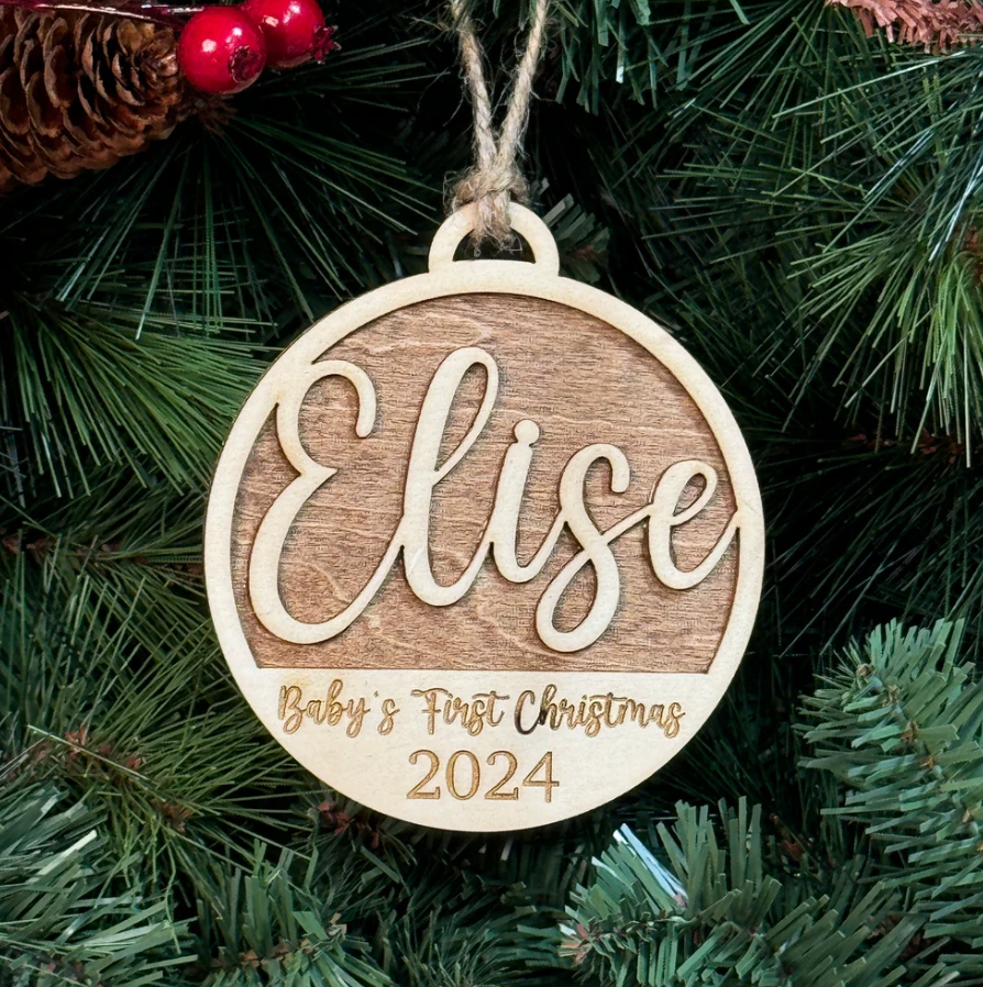 Baby's First Christmas Personalized Wood Ornament. Custom Gift for New Parents