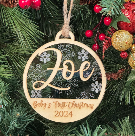 Baby's First Christmas Personalized Wood Ornament. Custom Gift for New Parents