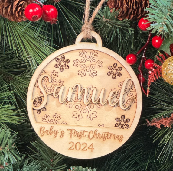 Baby's First Christmas Personalized Wood Ornament. Custom Gift for New Parents