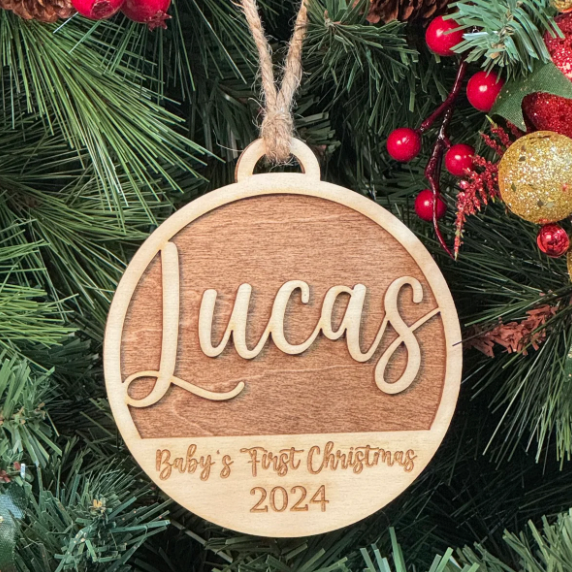 Baby's First Christmas Personalized Wood Ornament. Custom Gift for New Parents