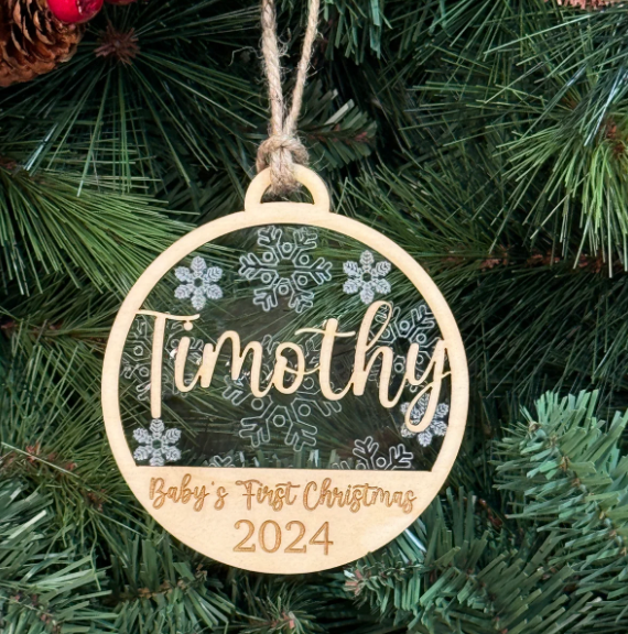 Baby's First Christmas Personalized Wood Ornament. Custom Gift for New Parents