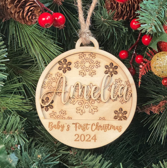 Baby's First Christmas Personalized Wood Ornament. Custom Gift for New Parents